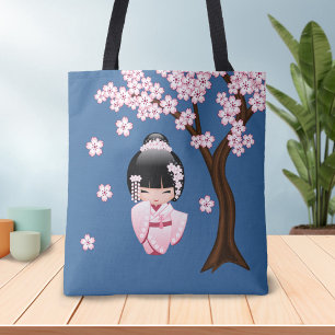 Pink Kimono Kawaii Kokeshi Doll on Blue Tote Bag