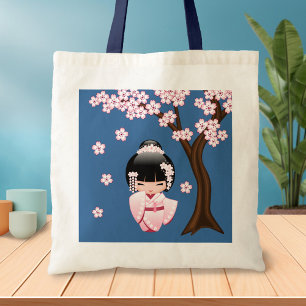 Pink Kimono Kawaii Kokeshi Doll on Blue Tote Bag