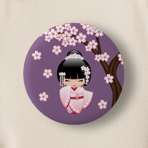 Pink Kimono Kawaii Kokeshi Doll on Purple 6 Cm Round Badge