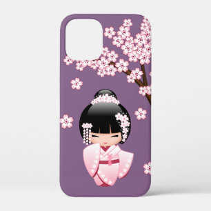 Pink Kimono Kawaii Kokeshi Doll on Purple iPhone 12 Mini Case