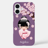 Pink Kimono Kawaii Kokeshi Doll on Purple