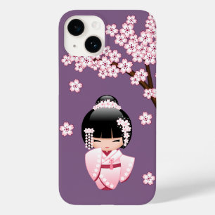Pink Kimono Kawaii Kokeshi Doll on Purple Case-Mate iPhone 14 Case