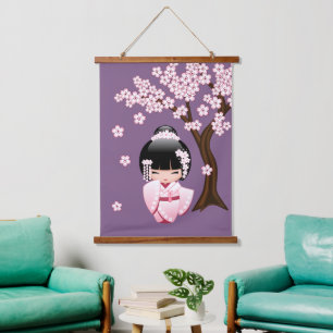 Pink Kimono Kawaii Kokeshi Doll on Purple Hanging Tapestry