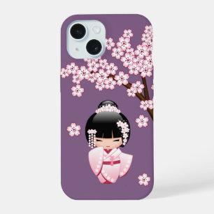Pink Kimono Kawaii Kokeshi Doll on Purple iPhone 15 Case