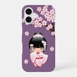 Pink Kimono Kawaii Kokeshi Doll on Purple iPhone 16 Case