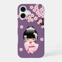 Pink Kimono Kawaii Kokeshi Doll on Purple