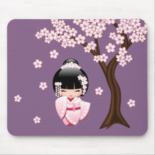Pink Kimono Kawaii Kokeshi Doll on Purple Mouse Mat