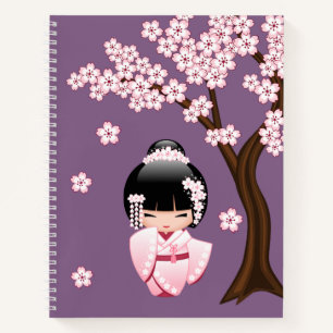 Pink Kimono Kawaii Kokeshi Doll on Purple Notebook