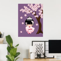 Pink Kimono Kawaii Kokeshi Doll on Purple