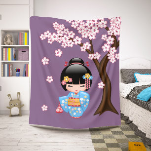 Pink Kimono Kawaii Kokeshi Doll on Purple Sherpa Blanket