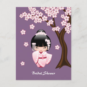 Pink Kimono Kawaii Kokeshi Doll Purple Invitation Postcard