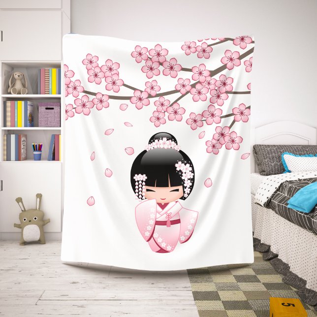 Pink Kimono Kawaii Kokeshi Doll Sherpa Blanket (Creator Uploaded)