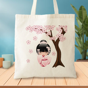 Pink Kimono Kawaii Kokeshi Doll Tote Bag