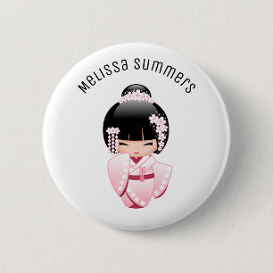 Pink Kimono Kawaii Kokeshi Girl Custom Name 6 Cm Round Badge