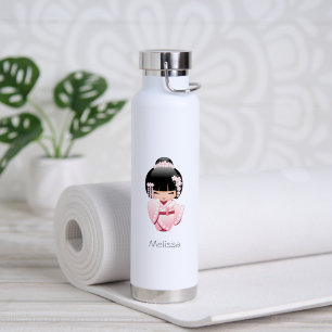 Pink Kimono Kawaii Kokeshi Girl Custom Name Water Bottle