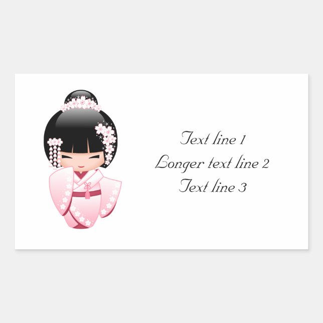 Pink Kimono Kokeshi Doll Kawaii Custom Text Rectangular Sticker (Front)