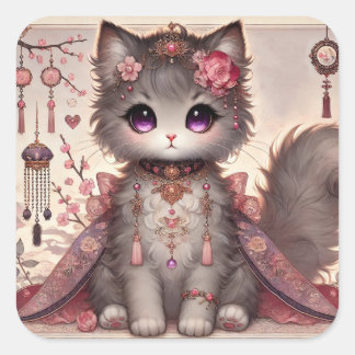 Pink Kimono Princess Cat Square Sticker