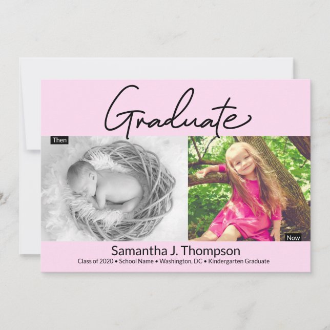 Pink Kindergarten Graduate Then and Now Grad Photo Announcement (Front)