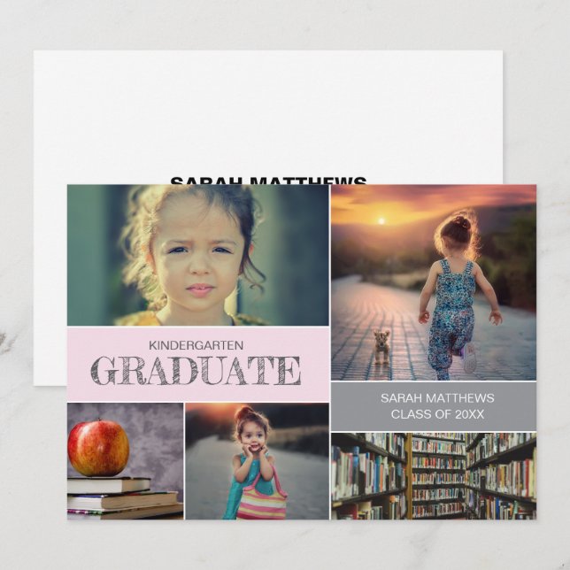 Pink Kindergarten Graduation Custom Photo Collage Invitation (Front/Back)