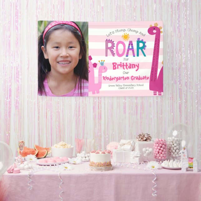 Pink Kindergarten Graduation Photo Dinosaur Girl Banner (Party)