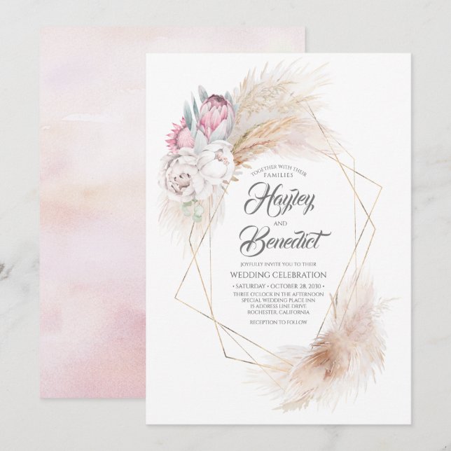 Pink King Protea and Pampas Grass Modern Wedding Invitation (Front/Back)