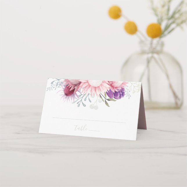 Pink King Protea Boho Botanical Place Card (Front)