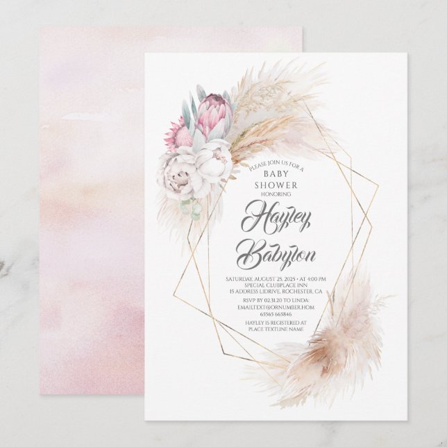 Pink King Protea Pampas Grass Floral Baby Shower Invitation (Front/Back)
