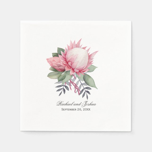 Pink King Protea Watercolor Botanical Wedding Napkin (Front)