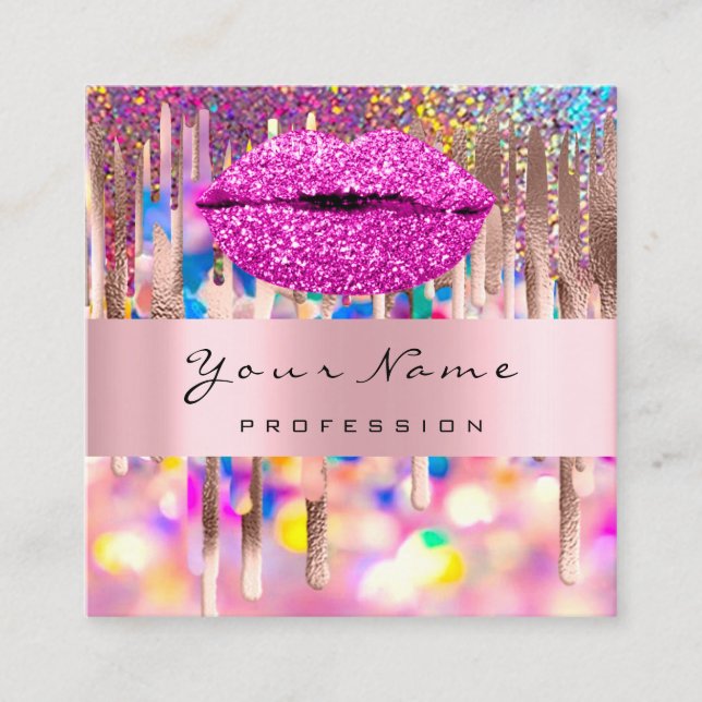 Pink KISS LIPMakeup Artist Unicorn Holograph Drip Square Business Card (Front)