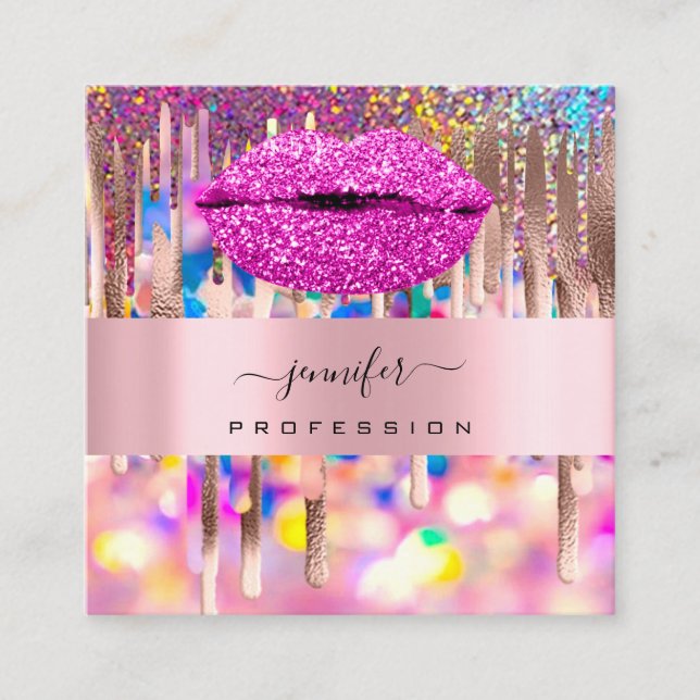Pink KISS LIPMakeup Artist Unicorn Holograph Drips Square Business Card (Front)