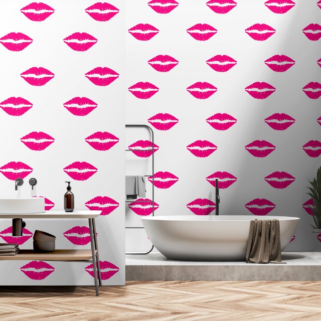 Pink Kiss Lips Custom Colour White Wallpaper (Bathroom)