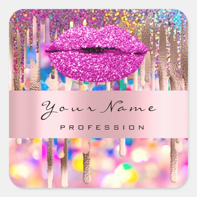 Pink Kiss Lips Glitter Holographic Business Name Square Sticker (Front)