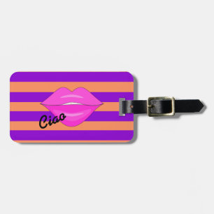 Pink kiss lips purple stripes luggage tag