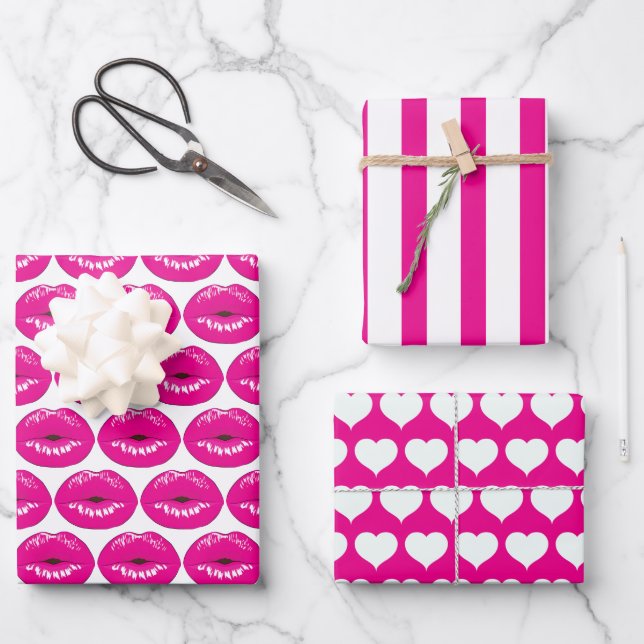 Pink Kiss Lips Wrapping Paper Set (Front)