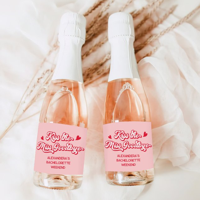 Pink Kiss the miss goodbye Bachelorette Champagne Sparkling Wine Label (Creator Uploaded)