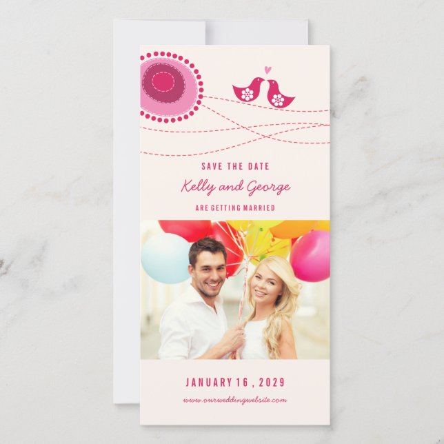 Pink Kissing Love Birds Whimsical Flower Dot Photo Save The Date (Front)