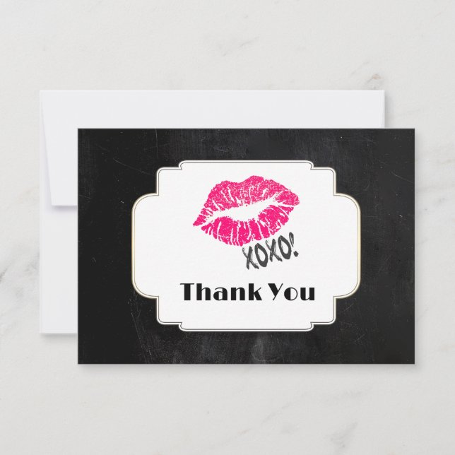 Pink Kissy Lips with xoxo! Gold on Black Thank You Card (Front)