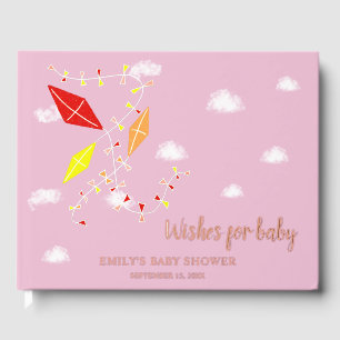 Pink Kites Baby Shower Gold Foil Wishes for Baby  Guest Book