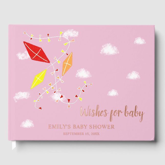 Pink Kites Baby Shower Gold Foil Wishes for Baby  Guest Book (Front)