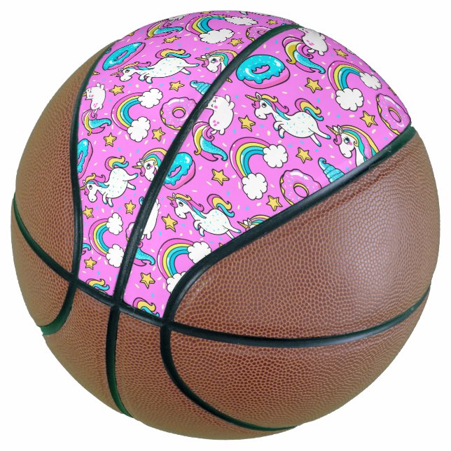 Pink Kitschy glittery funny unicorn and kitty Basketball (Angled)