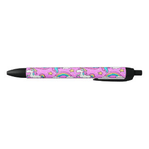 Pink Kitschy glittery funny unicorn and kitty Black Ink Pen