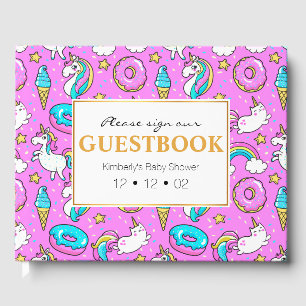 Pink Kitschy glittery funny unicorn and kitty Guest Book