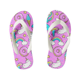 Pink Kitschy glittery funny unicorn and kitty Kid's Flip Flops