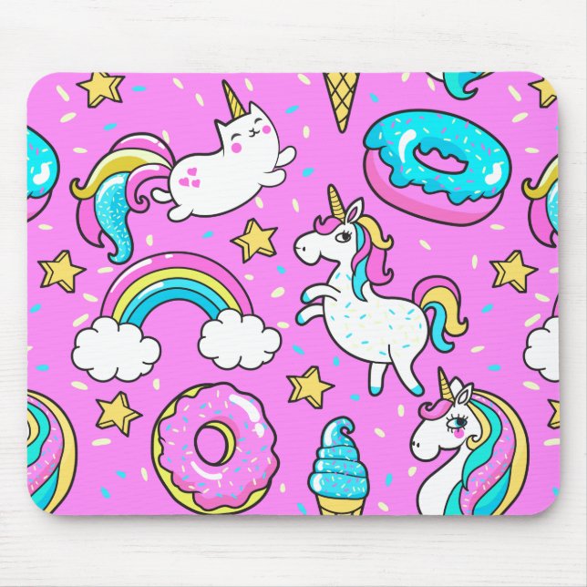 Pink Kitschy glittery funny unicorn and kitty Mouse Mat (Front)