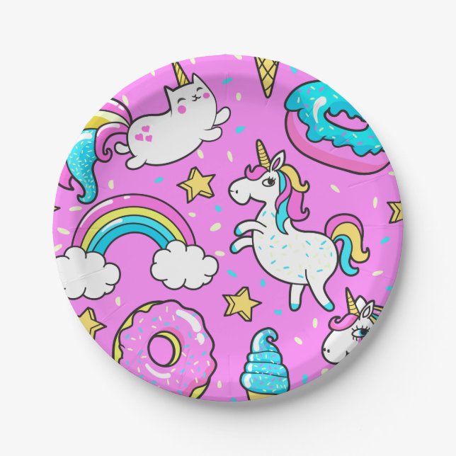 Pink Kitschy glittery funny unicorn and kitty Paper Plate (Front)