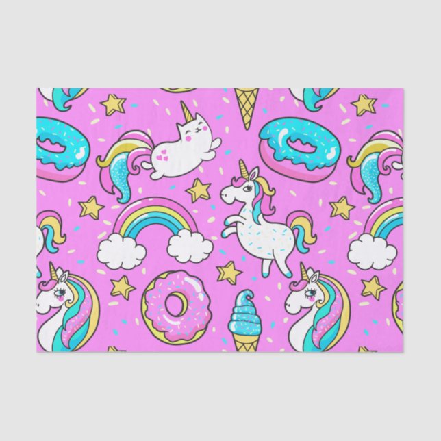 Pink Kitschy glittery funny unicorn and kitty Tissue Paper (Front)