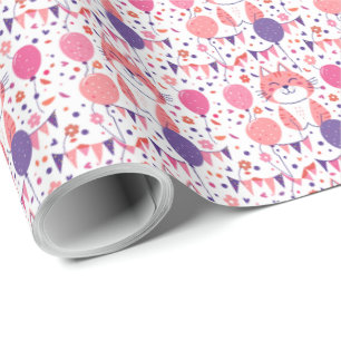 Pink Kitten and Balloons Birthday Gift Wrap Paper