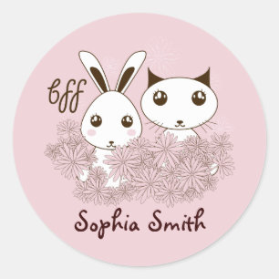Pink Kitten and Bunny Animal Friends Kids Name Classic Round Sticker