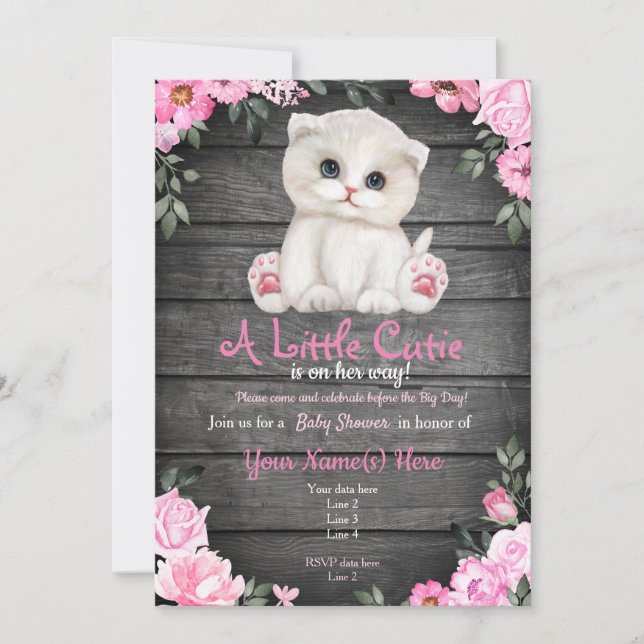 Pink Kitten Baby Shower invitation, rustic Invitation (Front)