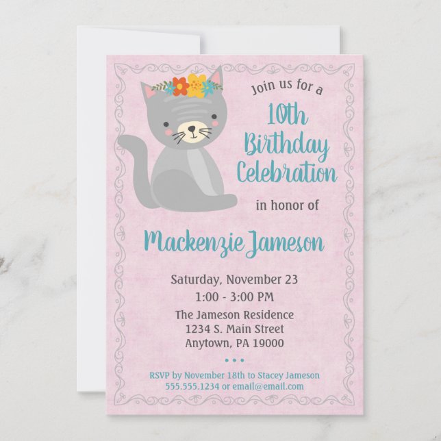 Pink Kitten Birthday Invitation Girls Kitty Cat (Front)